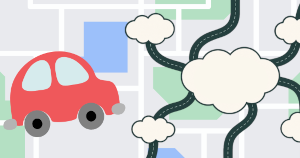 image of cartoon car on GPS-style map with a mind map over top